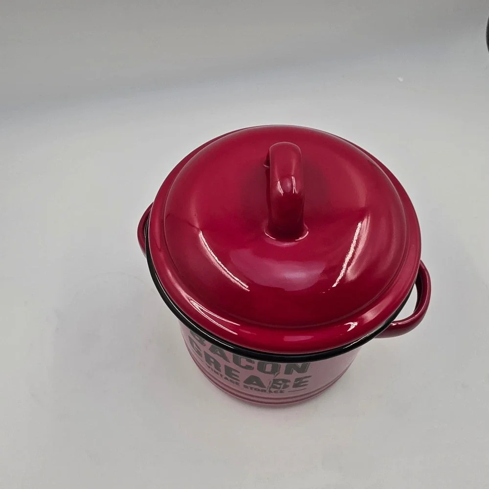 Red Enamelware Bacon Grease Vintage Storage Canister Lid Farmhouse Kitchen T3